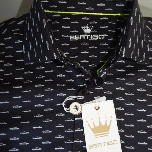 NWT BERTIGO CROWN KAPPO Semi Fitted Button Up Print Graphic SHIRT Black - Picture 2 of 4
